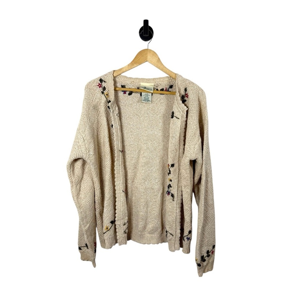 VINTAGE Cottage Essentials Women’s Chunky Knit Floral Cardigan Beige Multi L